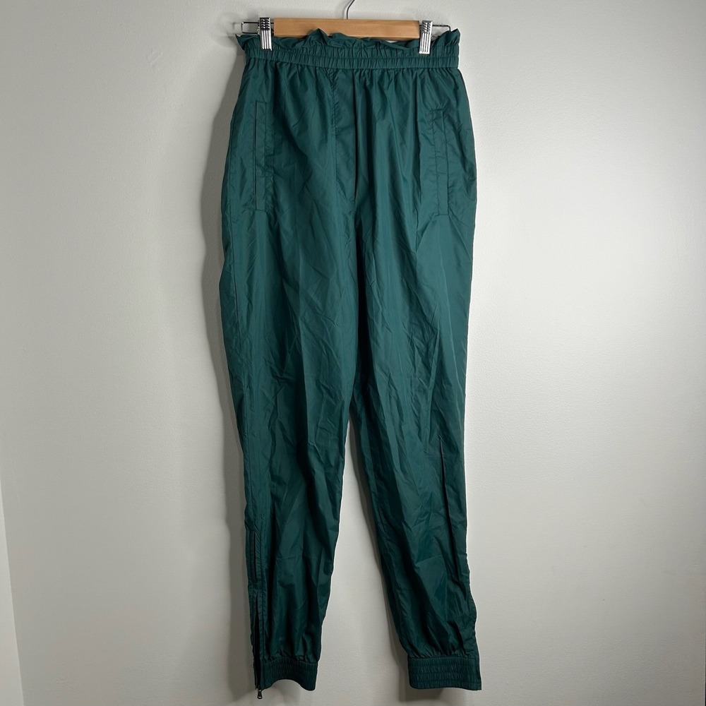 Tibi Crispy Nylon Joggers Sz S Paperbag Waist Track Pants Emerald Green Side Zip